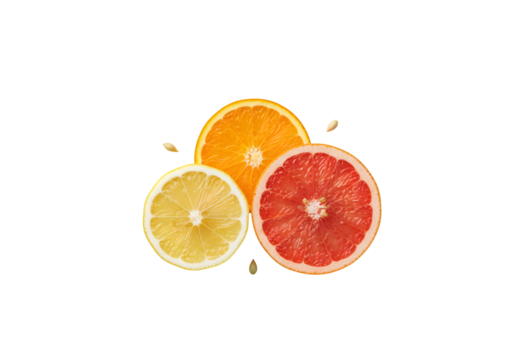 Slices of grapefruit, orange, and lemon on a plain white background. Citruses