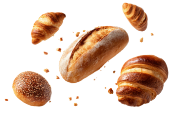 Fresh assorted croissants and bread loaves with sesame and crumbs isolated on transparent background