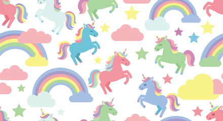 Flat vector seamless unicorn pattern with rainbows, stars, and clouds in vivid pastel tones. Ideal for girls’ clothing, stationery, wallpapers, and dreamy kids’ products