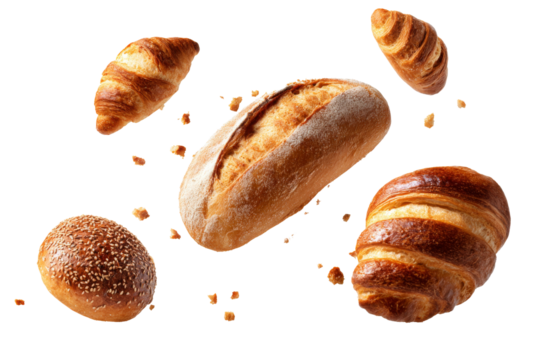 Fresh assorted croissants and bread loaves with sesame and crumbs isolated on transparent background