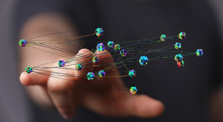 Abstract network of lines and shapes held in hand symbolizing technology, connections, and...