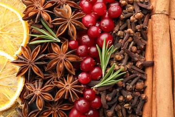 Different spices, fresh rosemary, cranberries and dry orange slices for mulled wine as background, top view