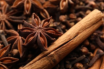 Mulled wine spices. Anise stars, cloves and cinnamon sticks, closeup