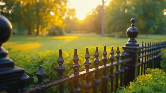 Black wrought iron fence with decorative finials. Green foliage in foreground, trees and sun in background