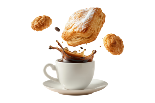 Flaky powdered pastries and crunchy cookies splashing into a fresh hot coffee cup isolated on transparent background