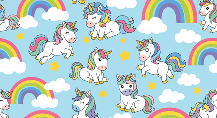 Flat vector seamless unicorn pattern with rainbows, stars, and clouds in vivid pastel tones. Ideal for girls’ clothing, stationery, wallpapers, and dreamy kids’ products