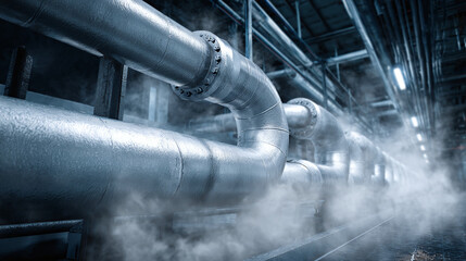 Industrial pipes with steam, a dynamic visual of a factory setting. The image portrays pipes emitting visible vapor