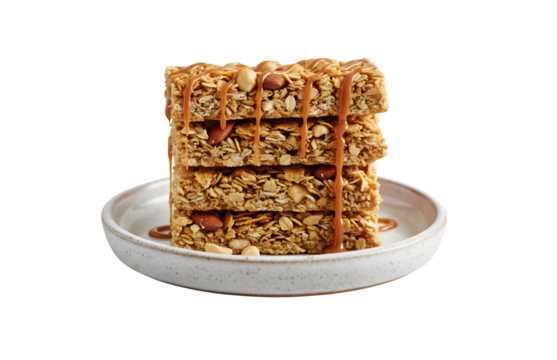 Caramel granola bars with nuts and flakes on a ceramic plate against a white wooden backdrop. Side view, close-up.