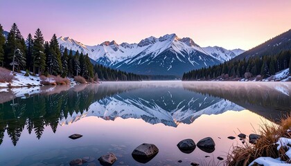 A tranquil mountain lake perfectly reflects snow-covered peaks and a pine forest under a soft sunrise sky.
