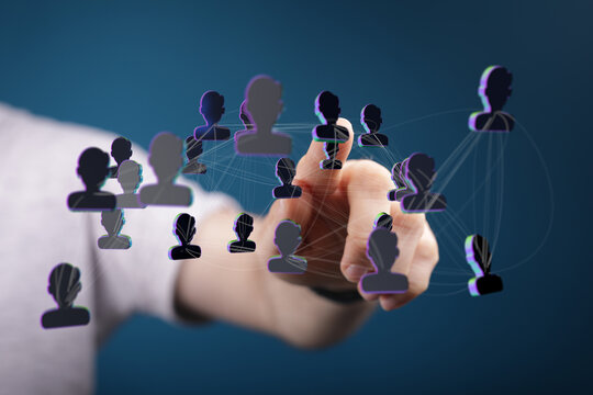 Hand touching digital person icons connected by lines illustrating networking and teamwork, great for business