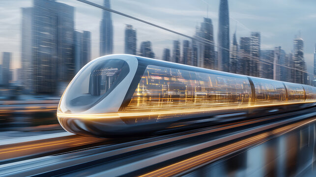 Dynamic illustration of a hyperloop train speeding through a glowing futuristic cityscape.