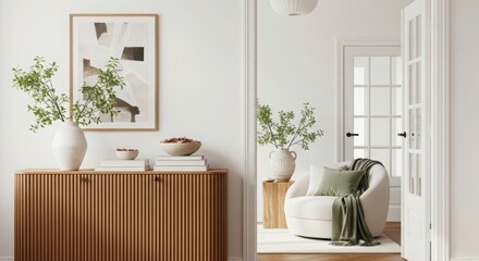 Modern interior design with textured wooden cabinet and botanical artwork