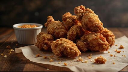 Crispy fried chicken drumsticks close-up with golden crust and dipping sauce on rustic table