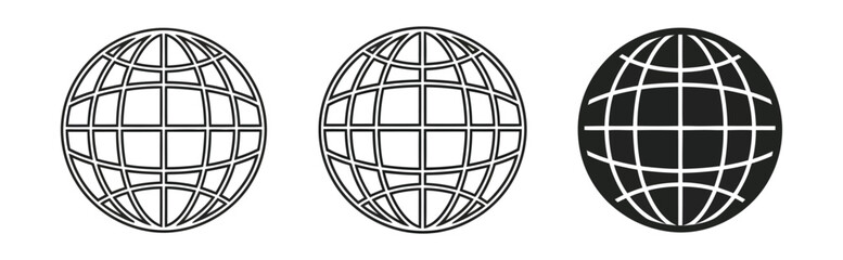 Globe Grid World Icons Outline Globes, Solid Planet Symbols, Three Positions