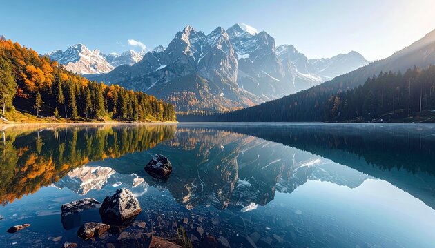 A tranquil mountain lake perfectly mirrors the majestic snow-capped peaks, dense evergreen forests, and vibrant autumn trees under a bright, clear sky.