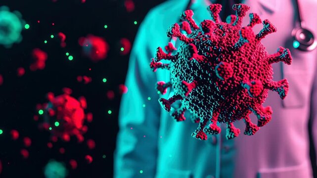 Virus pandemic health medicine doctor microscope research laboratory science outbreak urgency as floating pathogen particles surround lab coat macro