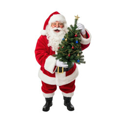 Fototapeta premium Cheerful Santa Claus holding a decorated Christmas tree and smiling warmly