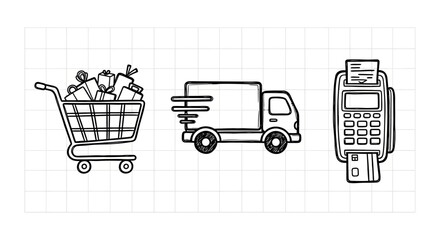 Hand-drawn shopping cart, delivery truck, and payment terminal icons on grid