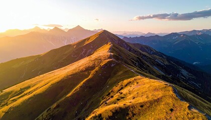 A dramatic aerial view of a golden mountain ridge illuminated by the warm glow of sunset, with a path winding along its crest and distant peaks fading into the