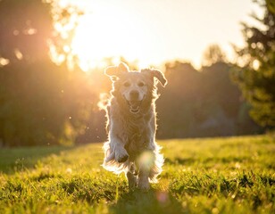 Golden Retriever Running Towards Camera at Sunset