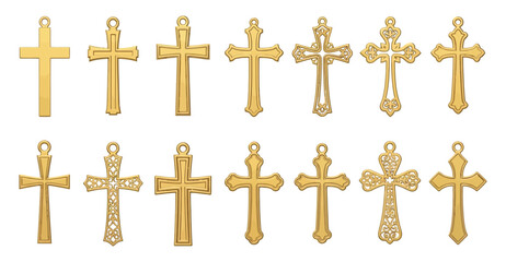 Golden Christian Crosses Collection Religious Pendant Ornaments on White Background