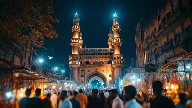 Hyderabad Charminar night market, pearls and perfumes, buzzing lanes, India, Hyderabad, Charminar, market, night, culture, shopping, heritage, with copy space