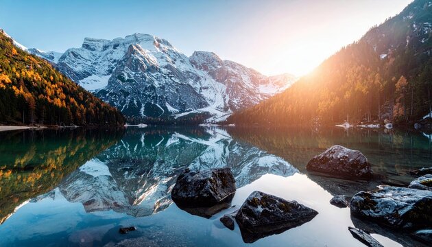 A majestic mountain landscape featuring snow-dusted peaks, a vibrant autumn forest, and a tranquil lake reflecting the scene under a warm sunrise.