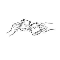 A festive cheers with metal mugs and baubles.