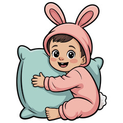 A cute baby in a bunny costume cuddling a pillow