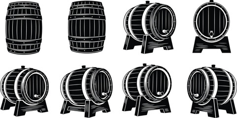 Vector illustration of wooden barrels beer cask wine keg set, classic aging storage container, tap spigot stand, black silhouette vintage element, brewery distillery, rustic design, flat graphic icon 