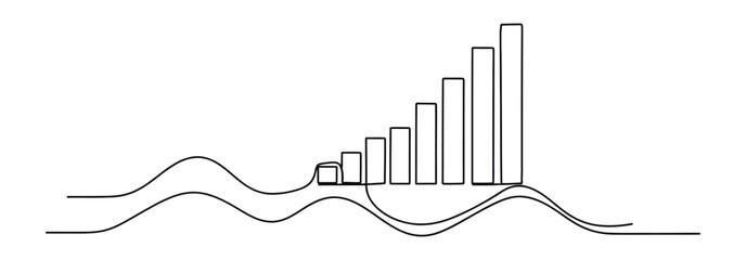 Growing graph bars and waves, single line design, transparent background, minimal style