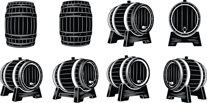 Vector illustration of wooden barrels beer cask wine keg set, classic aging storage container, tap spigot stand, black silhouette vintage element, brewery distillery, rustic design, flat graphic icon 