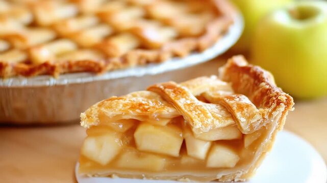Delicious freshly baked apple pie with lattice crust and green apples on a wooden table