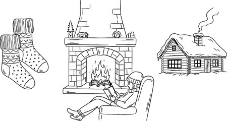 Hand-drawn doodles of fireplace, cozy socks, winter cabin, and reading by the fire, minimal vector sketch