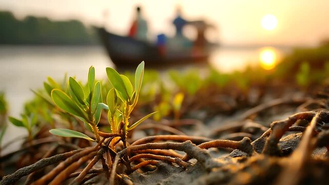 Mangrove roots at Sundarbans with fishing boat silhouette at dawn, India, Sundarbans, mangrove, boat, dawn, wildlife, delta, nature, calm, with copy space