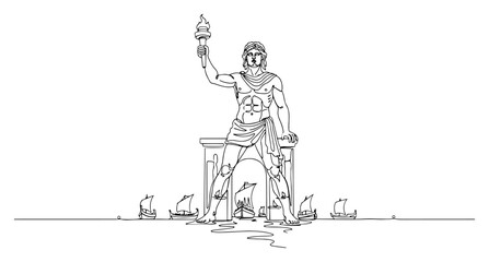 Single continuous line drawing of Colossus of Rhodes Ancient Greece historical landmark one line art vector illustration