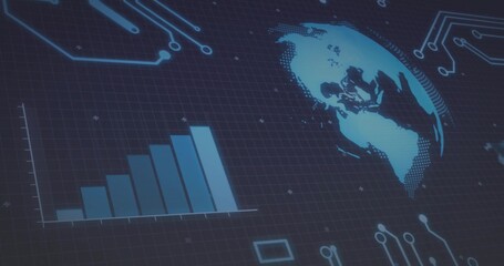 Displaying stylized globe on right in digital dashboard, linking to ascending bar chart, copy space