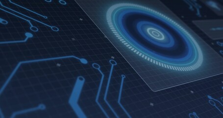 Obraz premium Showing translucent panel with concentric hologram on right of grid with neon traces, copy space