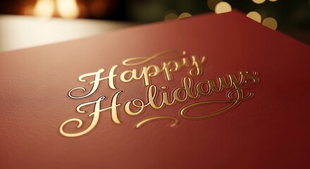 Elegant red holiday card with golden foil happy holidays greeting and soft bokeh background