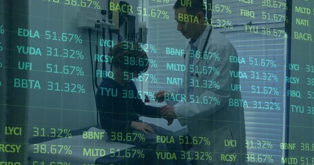 Examining doctor in lab coat and tie leaning toward seated child in clinic, stethoscope and tickers