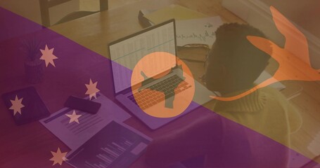 Using woman in sweater reviewing laptop spreadsheet at home table with kangaroo overlay, copy space