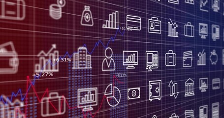 Displaying digital finance dashboard filling frame on screen, showing line graphs and finance icons