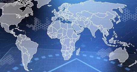 Displaying stylized world map occupying center on digital dashboard, showing chevron arrow, route