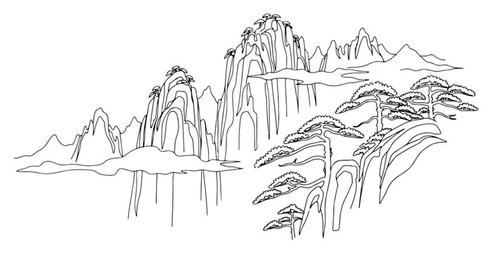 Traditional Chinese mountain and water landscape Continuous one line drawing Asian nature scene with pine trees minimalist vector illustration