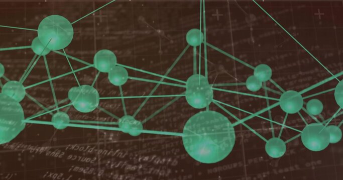 Displaying network forming 3D structure on dark backdrop with green nodes, cyan rods, blurred math - Powered by Adobe