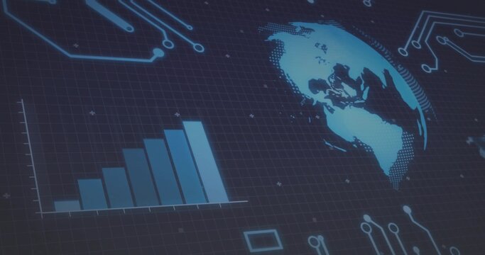 Displaying stylized globe on right in digital dashboard, linking to ascending bar chart, copy space