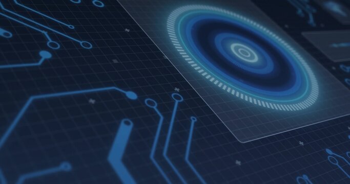 Showing translucent panel with concentric hologram on right of grid with neon traces, copy space