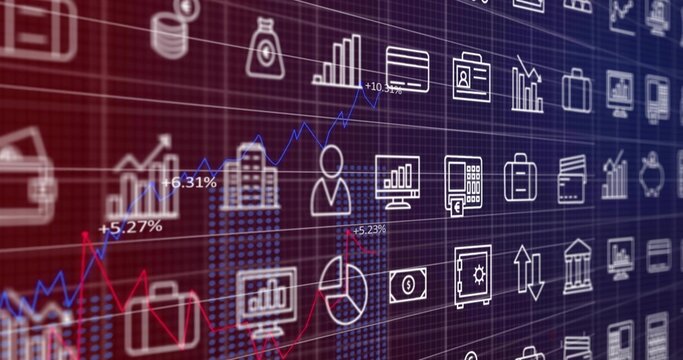 Displaying digital finance dashboard filling frame on screen, showing line graphs and finance icons - Powered by Adobe