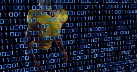 Standing man wearing yellow polo and blue jeans receiving blue binary digits in studio, copy space