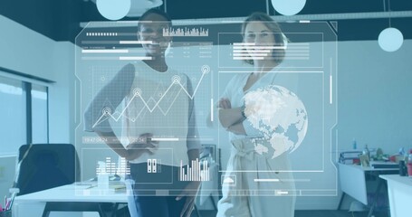 Presenting two coworkers wearing dark suit and light belted coat in office, showing hologram UI